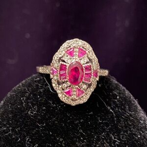 Vintage Art Deco Style Oval Ruby Lab Created Diamond Sterling Silver Ring 9.75